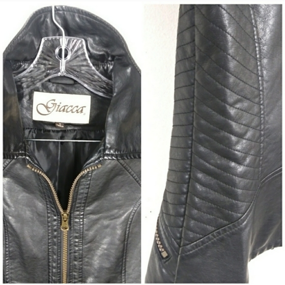 Giacca Faux Leather Biker Style Jacket Black Med - Picture 7 of 8